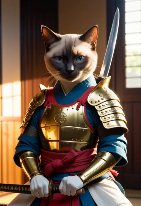 a close up of a cat dressed in armor with a sword