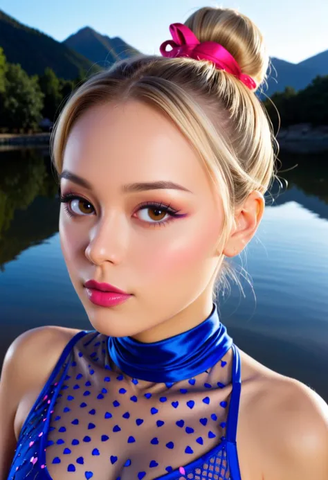 a close up of a woman with a blue top and a pink bow