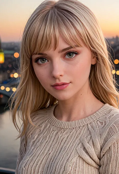 arafed woman with blonde hair and blue eyes standing in front of a city