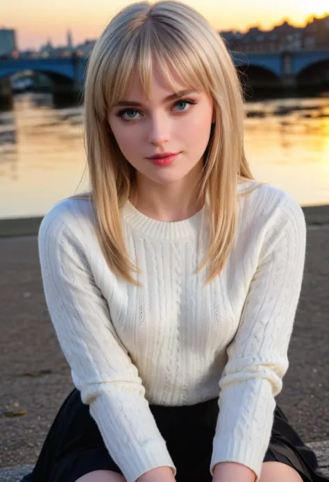 1girl,   Close-up, (beautiful girl, make up), (Age 25), (happy, light blonde hair,  lips, parted bangs, London, England, dusk:1.2), , HD, lens flare, cable knit sweater, pleated skirt, and loafers, looking at viewer, (RAW Photo, cg unity, photography, ultra realistic details, sharp focus, detailed skin,4k, high-res, masterpiece, best quality:1.1), (realistic, photo-realistic:1.37) (8k,4k, UHD, high resolution, professional, cinematic, movie, dramatic, noise), (detailed background:1.25), bokeh anamorphic depth of field blur background