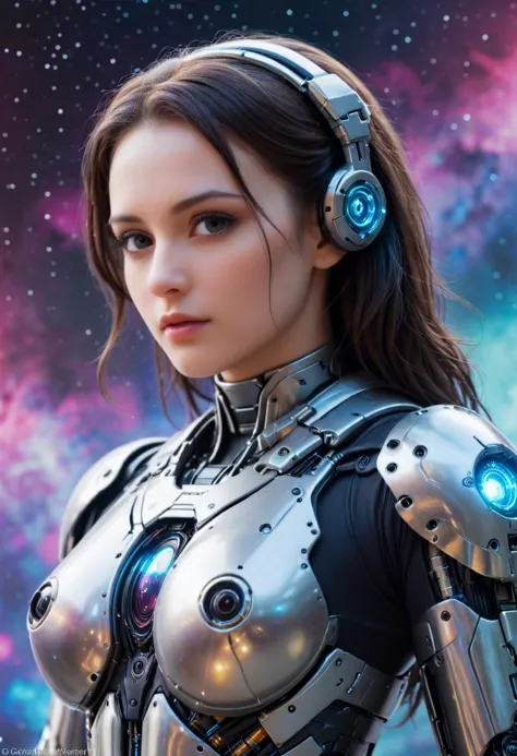 a woman in a futuristic suit with headphones on