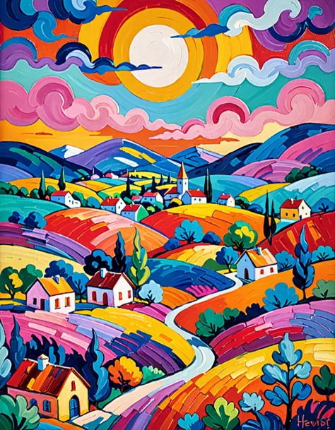 a painting of a colorful landscape with a sun in the sky