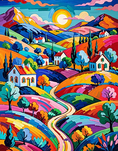 a painting of a colorful landscape with houses and trees