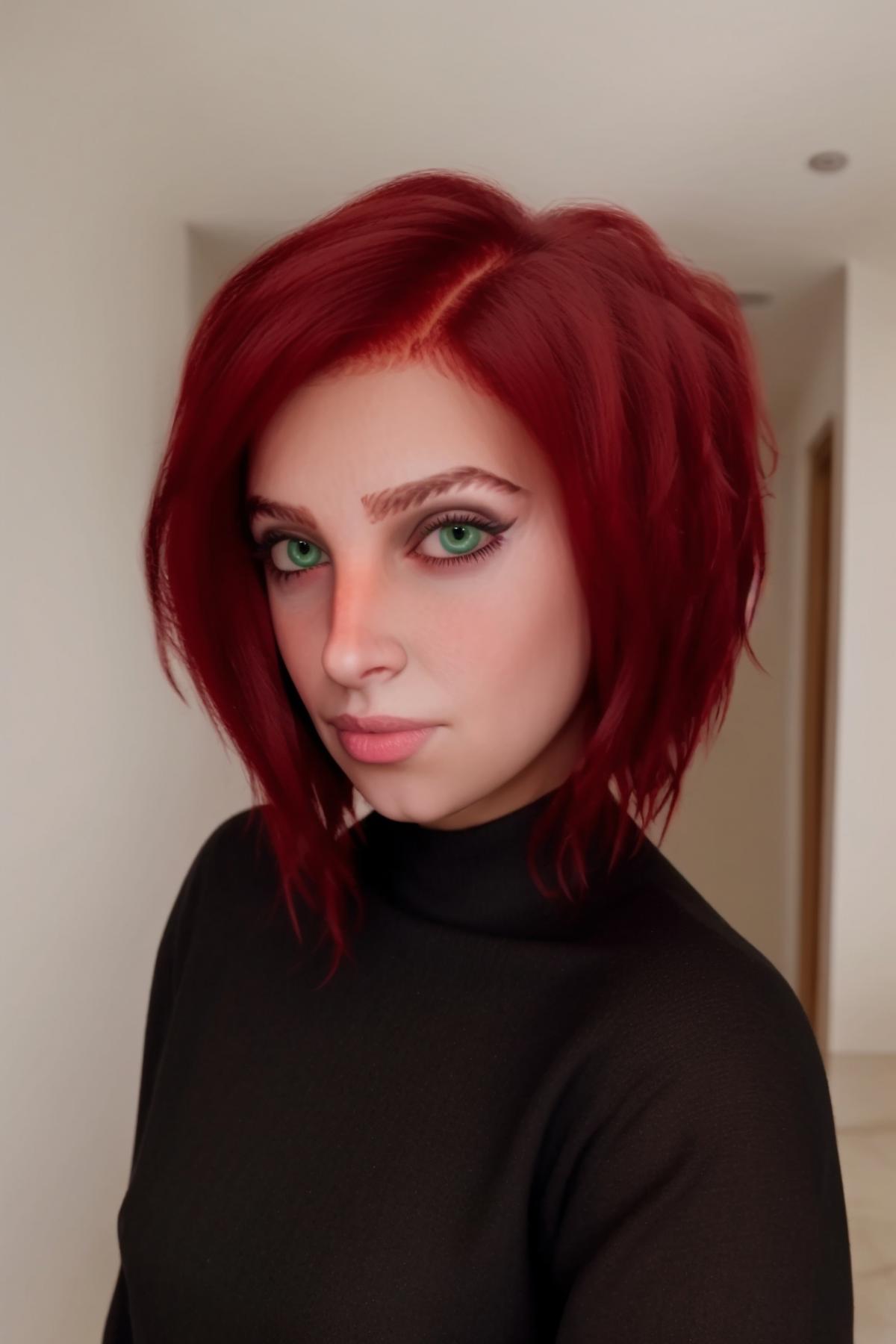 Un primer plano de una mujer con cabello rojo y un vestido verde - SeaArt AI