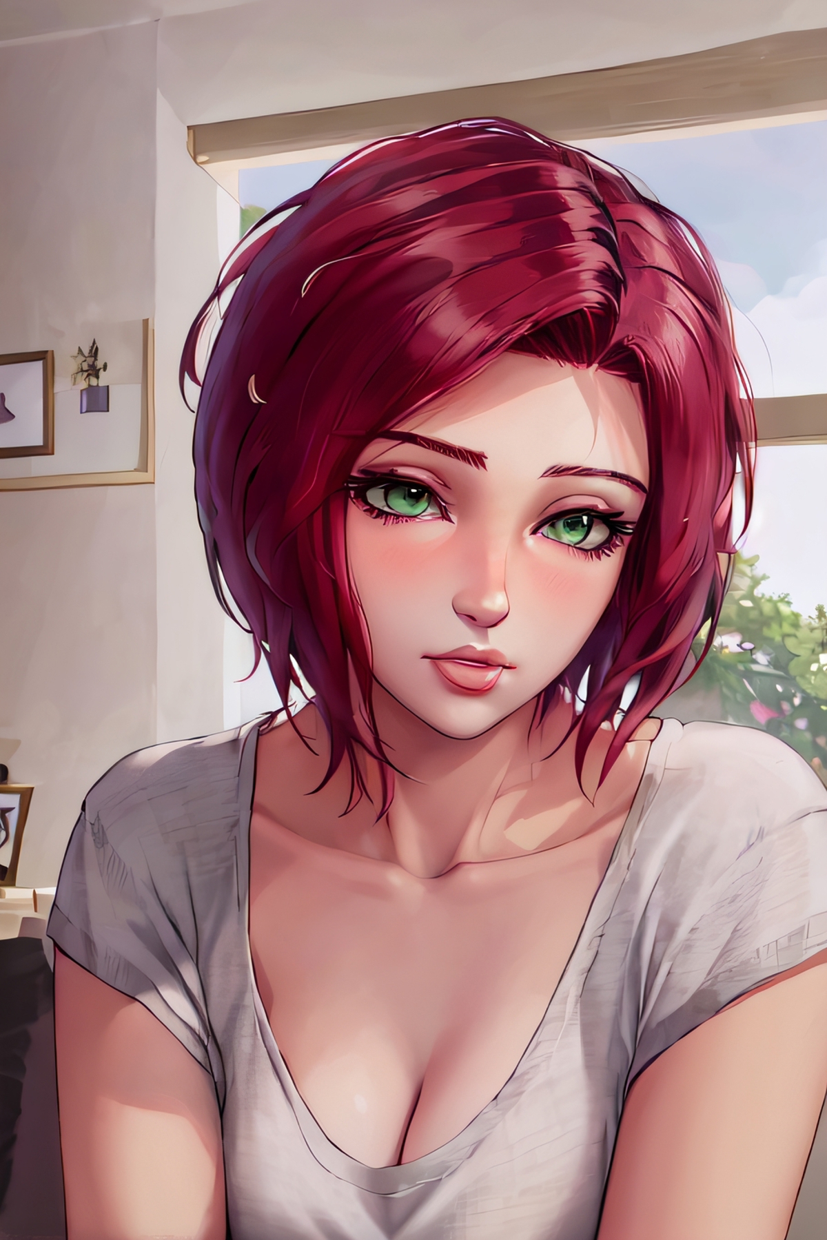 Anime girl with red hair and purple eyes sitting at a desk - SeaArt AI