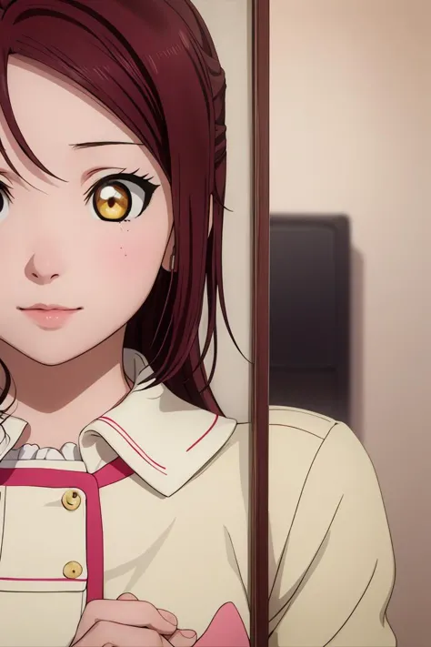 anime girl with brown hair and yellow eyes looking at camera