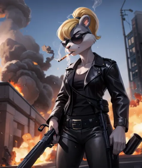 photorealistic, detailed background, Berri, blonde hair, sunglasses, black leather, holding gun, smoking cigarette, explosion in background, <lora:Berri_v3.0-BB95:1>