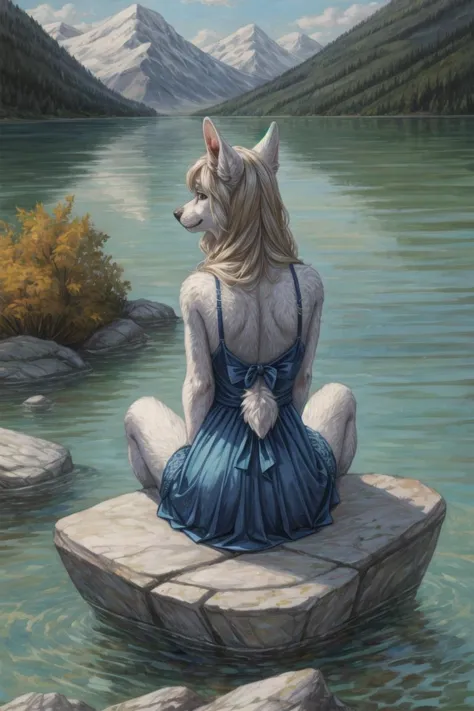 painting of a woman sitting on a rock in a blue dress