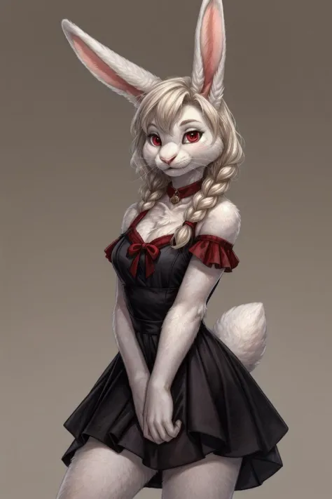 detailed face eyes and fur, 1girl, solo, rabbit girl, clothed, body fur, white rabbit, white fur, detailed fluffy fur, looking at viewer, red eyes, black dress, upper body, <lora:detail:0.4>, <lora:detail:0.4>