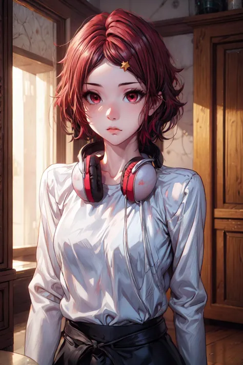 anime girl with red hair and headphones standing in a room