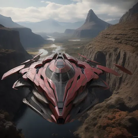 a red and black futuristic ship flying over a river