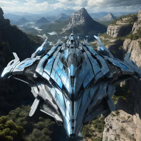 a close up of a futuristic fighter jet flying over a mountain