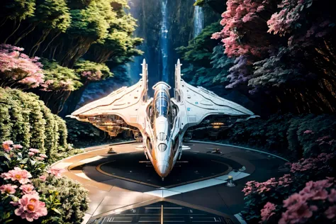 spaceship in a forest with flowers and trees