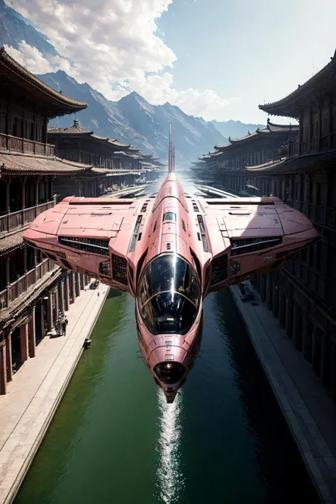 there is a red plane flying over a river in a city