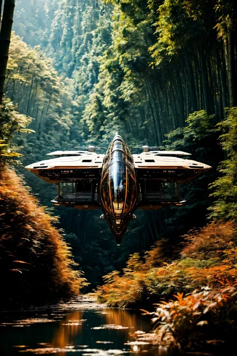 spaceship flying over a river in a forest with trees