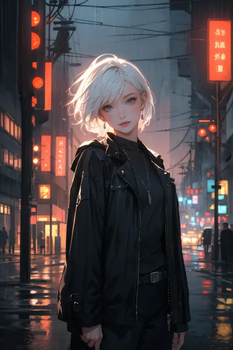 a woman with white hair standing in the middle of a city street