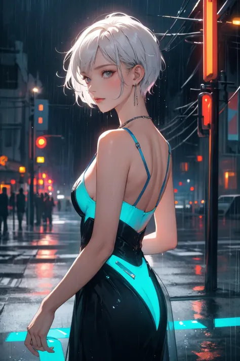 a woman in a blue dress standing on a city street