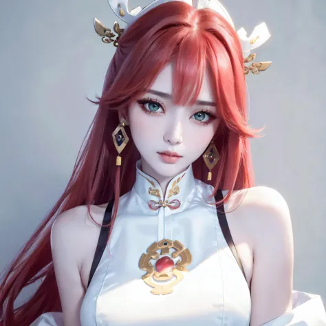 a close up of a woman with red hair wearing a white dress