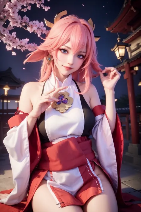 1girl, jpop idol, yae miko, detached sleeves, bare shoulders, pink hair, long hair, japanese clothes, best quality, (painting:1.5), (hair ornament:1.35), jewelry, purple eyes, earrings, breasts, torii, cherry blossoms, lantern light, depth of field, detailed face, face focus, ribbon_trim, (looking at viewer:1.25), nontraditional miko, shiny skin, long sleeves, smile, thick lips, game cg, hands on lips, east asian architecture, (blurry background:1.2), sitting, upper body, ((lift clothes,breasts)),<lora:YaeMiko_Test:0.75>, masterpiece, best quality, ultra high res, (photorealistic:1.8), unreal_engine, photograph, movie concept art, cinematic composition , ultra-detailed, realistic, hyper-realistic , volumetric lighting, 8k, corona render, octane render, cinematic, matte painting, trending on artstation HQ, __wildcards/fantasy-setting__, best high quality landscape, in the morning light, eg,, h\, y^y>, by greg rutkowski and thomas kinkade, makoto shinkai style