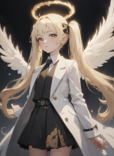 (masterpiece, Best Quality:1.3), (Ultra-detailed:1.3),
1girl in, Solo, (White hair, hair messy, Long hair),
(Angel wings, Angel Halo), flat chest, Yellow eyes,
(White shirt, black necktie, Black coat, Open coat), Cowboy Shot, Cinematic lighting, (((Glowing particles of light))), (arms behind back), Dynamic Angle, (((Petite girl with blonde twin tails))), <lora:SilvermoonMix12_V71:1>