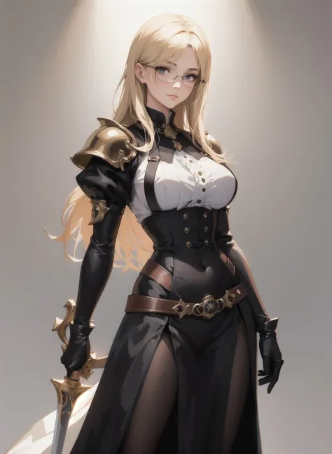 best quality, masterpiece, high definition, high resolution, 1girl, detailed face, extremely detailed, slender torso, big lips, (crusader), big breasts, skindentation, glasses, simple background, (masterpiece), (best quality:1.2), blonde hair , detailed face, detailed eyes, serious look, suspenders, gloves, crusader, 1500s, victorian, long_skirt, wide hips, simple background, grin, sword