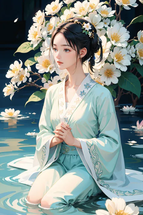 a woman with delicate clothes, Qxiaochou, <lora:gufengnü:0.8>, global illumination, a photorealistic water painting, in the middle of flowers, long flowers, simple background, subsurface scattering, (simple artwork:1.2), simple, (water color:1.2)