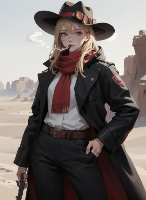 1girl, solo, absurdres,  black pants,(black_coat:1.1), detailed_face,best_quality, masterpiece, blonde, western, cowboy, gun_slinger, desert, goggles, cowboy_hat, red bandana, smoking,