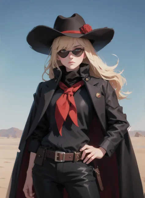 a woman in a black hat and black jacket standing in a desert