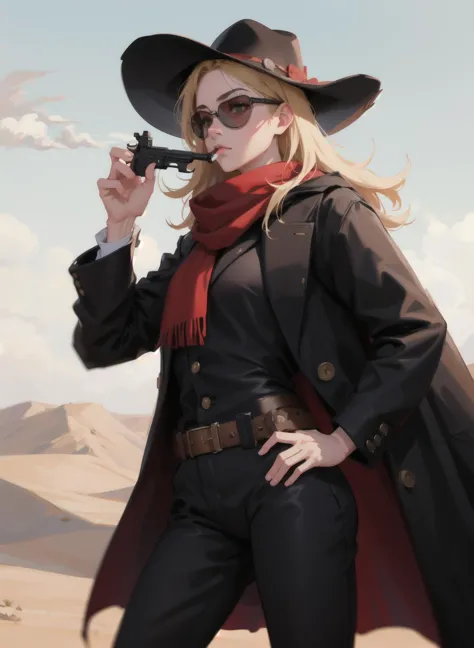 1girl, solo, absurdres,  black pants,(black_coat:1.1), detailed_face,best_quality, masterpiece, blonde, western, cowboy, gun_slinger, desert, goggles, cowboy_hat, red bandana, smoking,