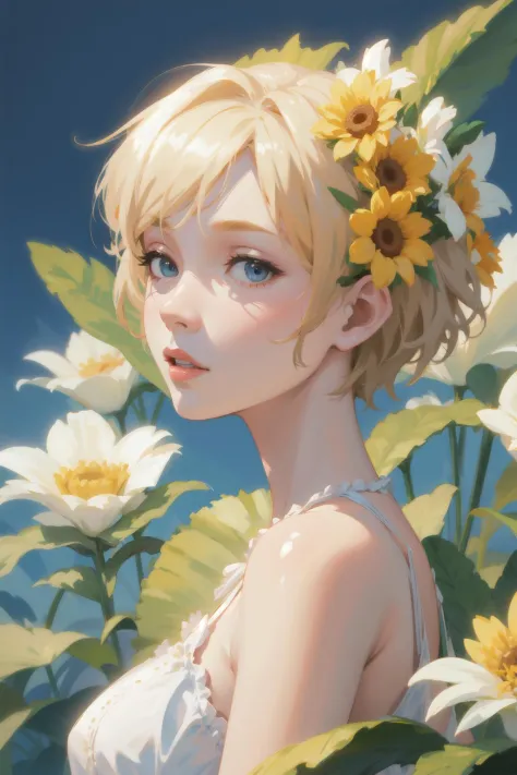 a woman with simple dress, short hair, blonde, global illumination, a photorealistic water painting, in the middle of flowers, long flowers, simple background, subsurface scattering, simple dress, (simple artwork:1.2), simple, (water color:1.2)