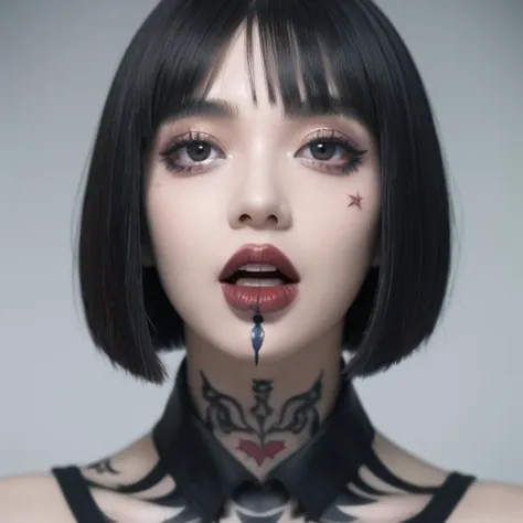 1 girl, face close-up, large painted eyes, tattoo on face, running makeup, bob cut, tongue stuck out,   <lora:Cumontongue:1>