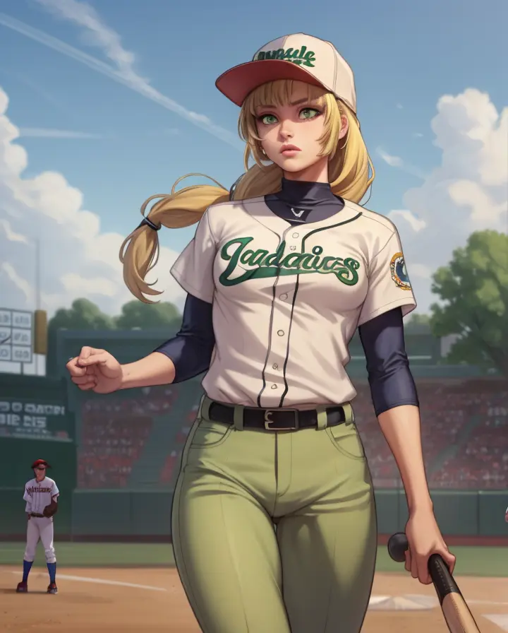 chef-d&#39;œuvre, Meilleure qualité, ingrid_académie, queue de cheval tressée, casquette de baseball, uniforme de baseball, pantalon baggy, tenant une batte de baseball, marche, yeux verts