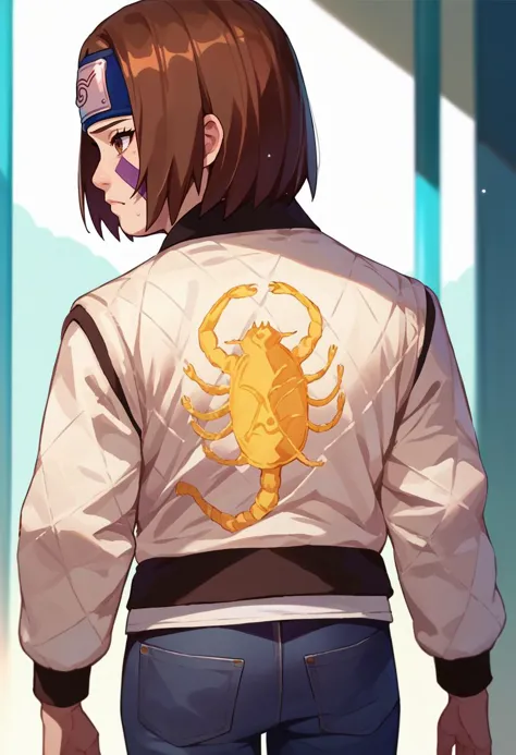 a close up of a person wearing a jacket with a scorpion on it