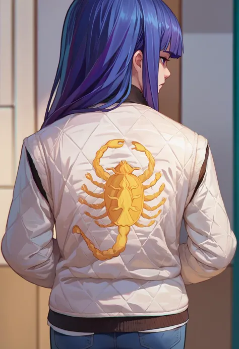 a close up of a person with purple hair and a jacket