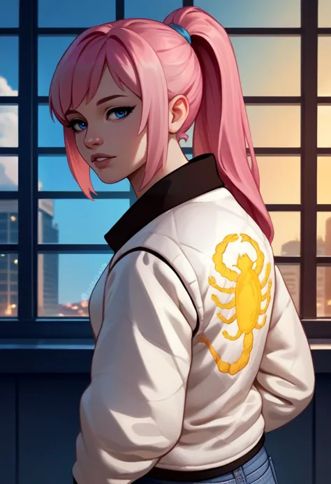 a close up of a person with pink hair and a white jacket