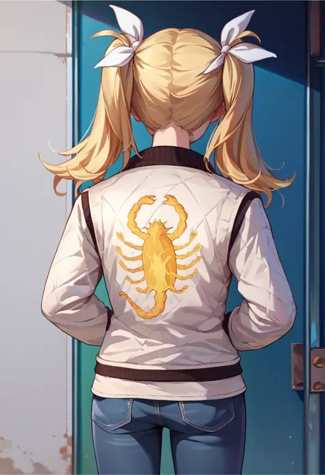 a woman in a white jacket with a scorpion on it