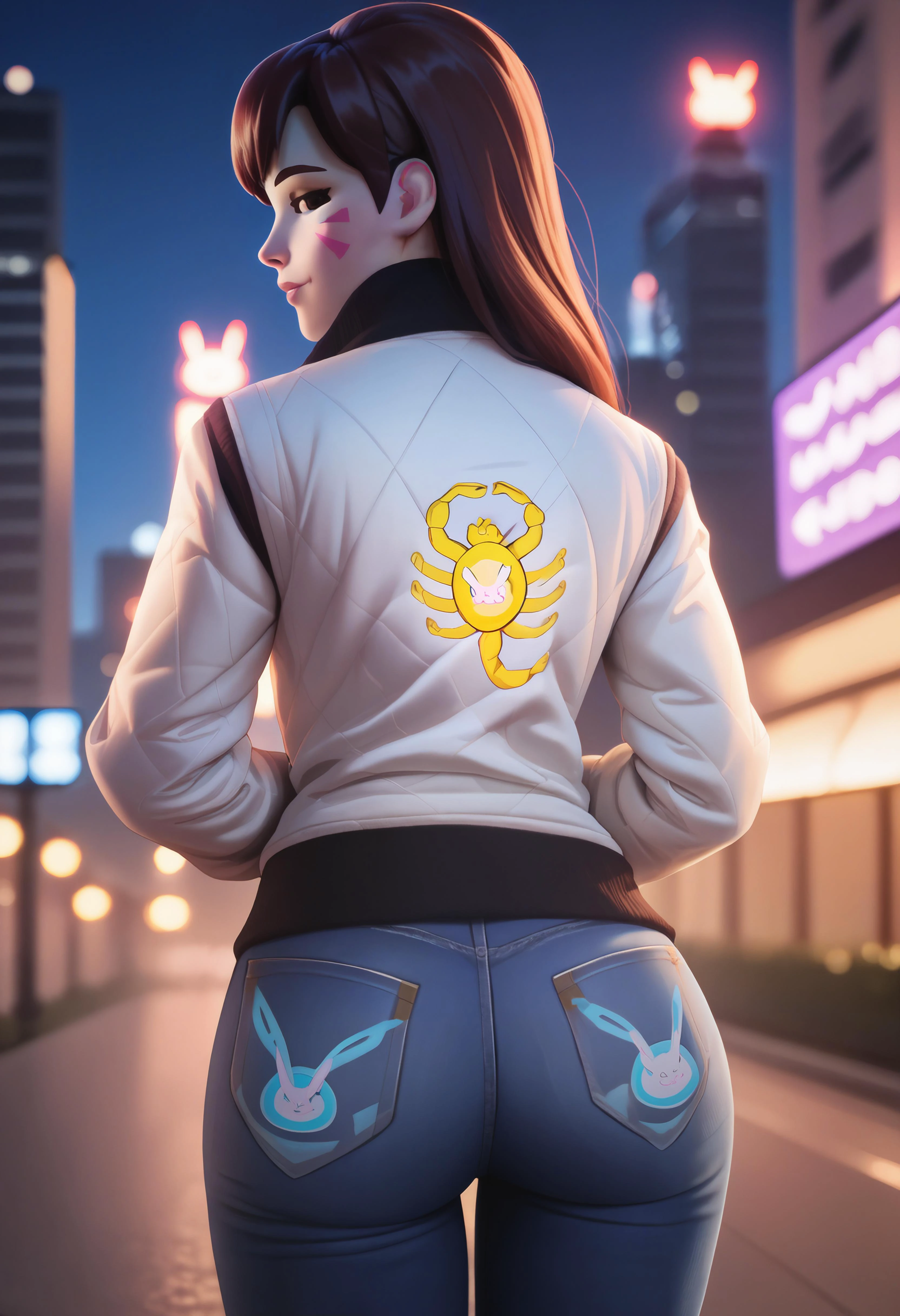 night,modern cityscape,solo,print jacket, white jacket, from behind, jeans,big butt,d.va \(overwatch\), looking at viewer,depth of field,bokeh 