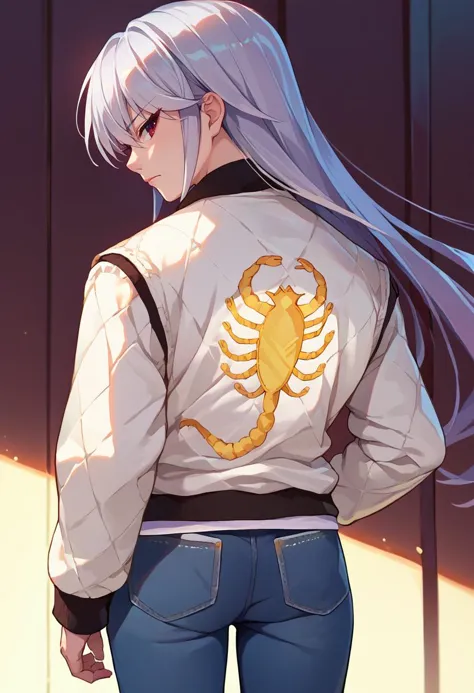 anime girl with long white hair and a scorpion jacket