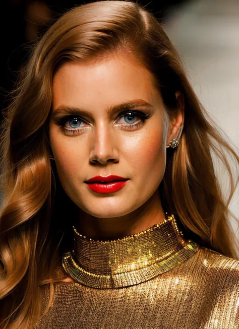 a close up of a woman with long hair and a gold dress