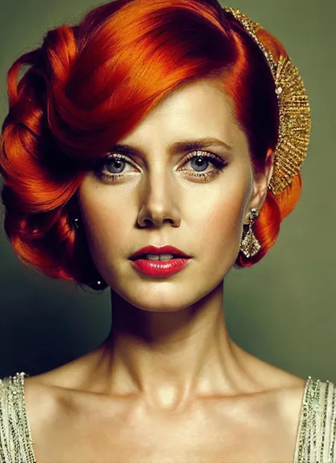 a close up of a woman with red hair and a gold headband