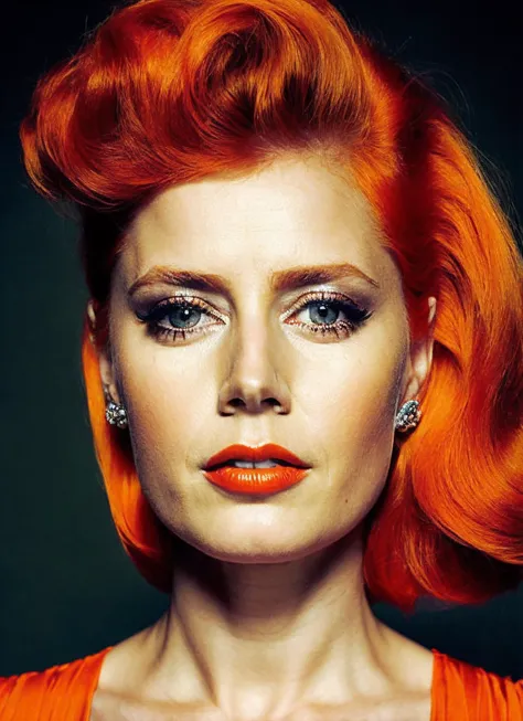 a close up of a woman with bright red hair and orange lipstick