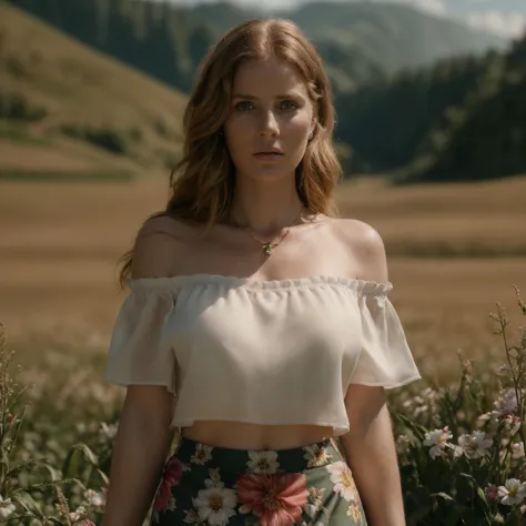 a woman standing in a field of flowers with mountains in the background