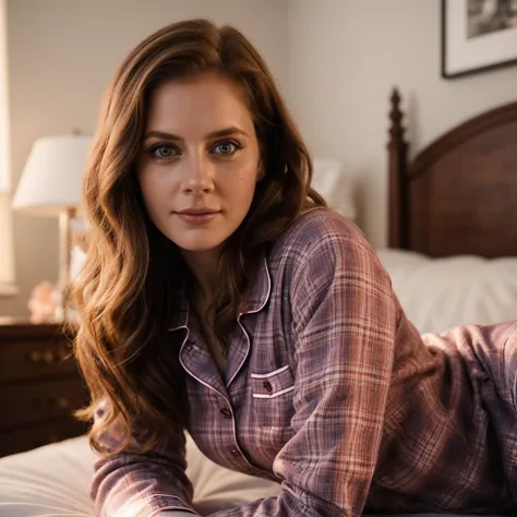 arafed woman laying on a bed in a purple and white pajamas