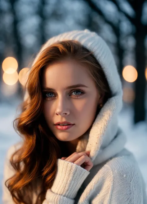 a close up of a woman wearing a white sweater and a white hat