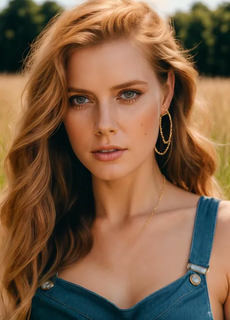 a woman with long hair wearing a denim dress and gold hoop earrings