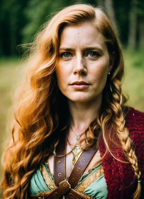 a woman with long red hair wearing a green dress and a red cape