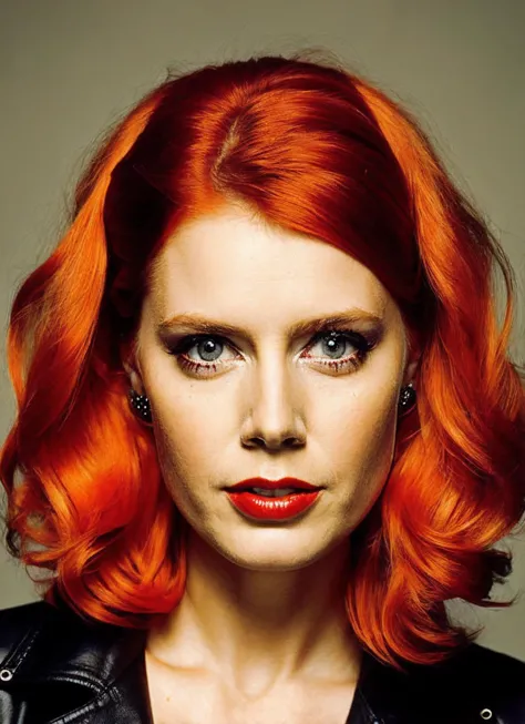 a close up of a woman with bright red hair and a black jacket