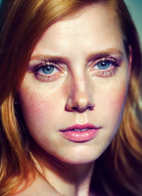 a close up of a woman with red hair and blue eyes