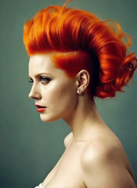 a woman with bright red hair and a white dress