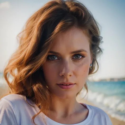 a close up of a woman with a white shirt on a beach